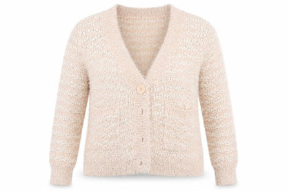 Front view of Preworn women’s beige cardigan jumper, size L