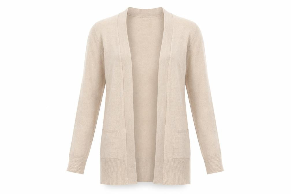 Front view of F&F women’s beige cardigan jumper, size UK 6