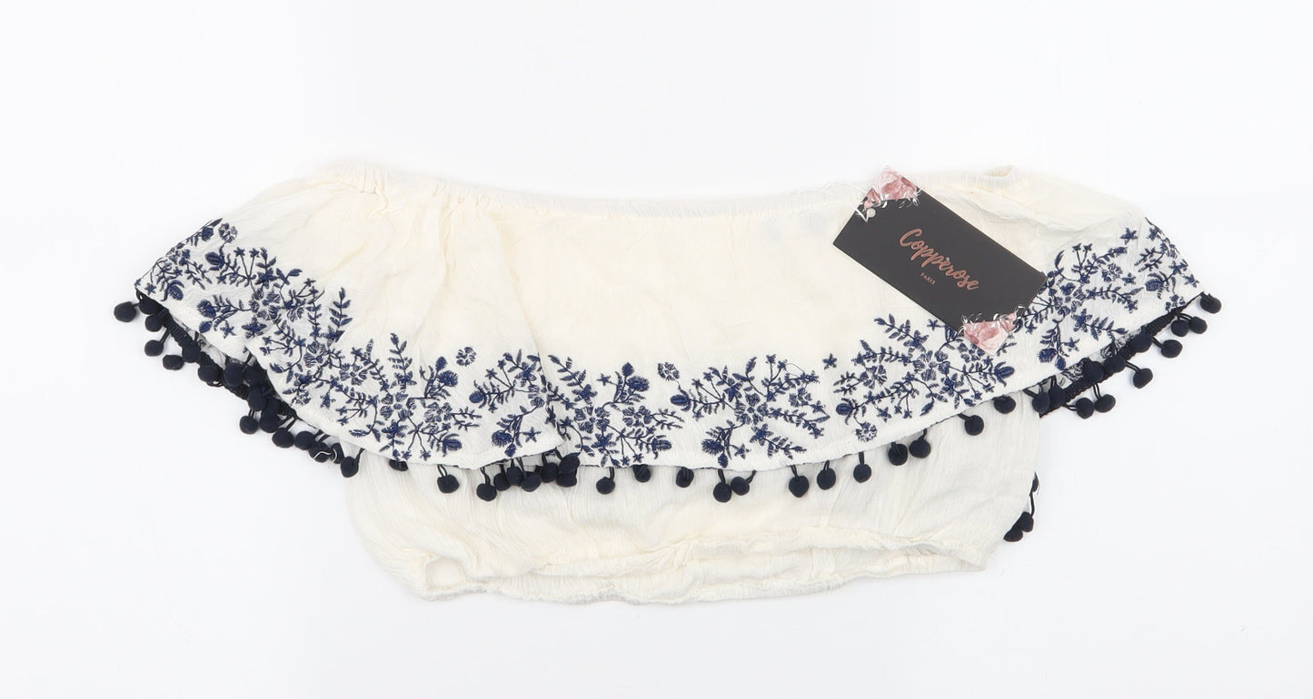 Copper Rose Womens Ivory Floral Viscose Cropped Blouse Size M  - Collared Bandeau Top Blue Flowers & tassles