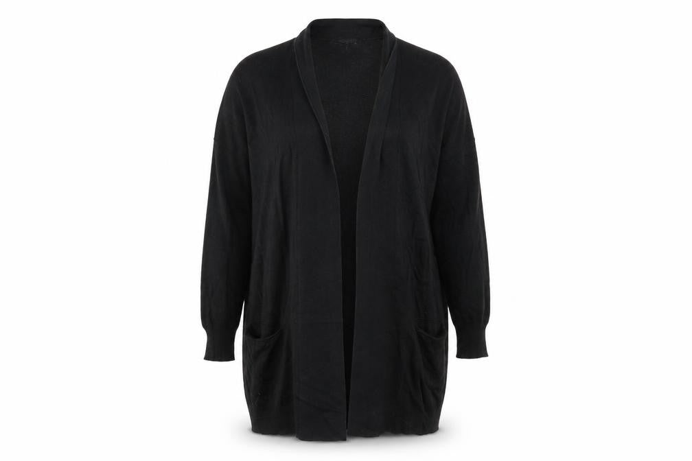 Front view of Atmosphere women’s black v-neck viscose cardigan jumper, size UK 12, - navy collar longline cardigan