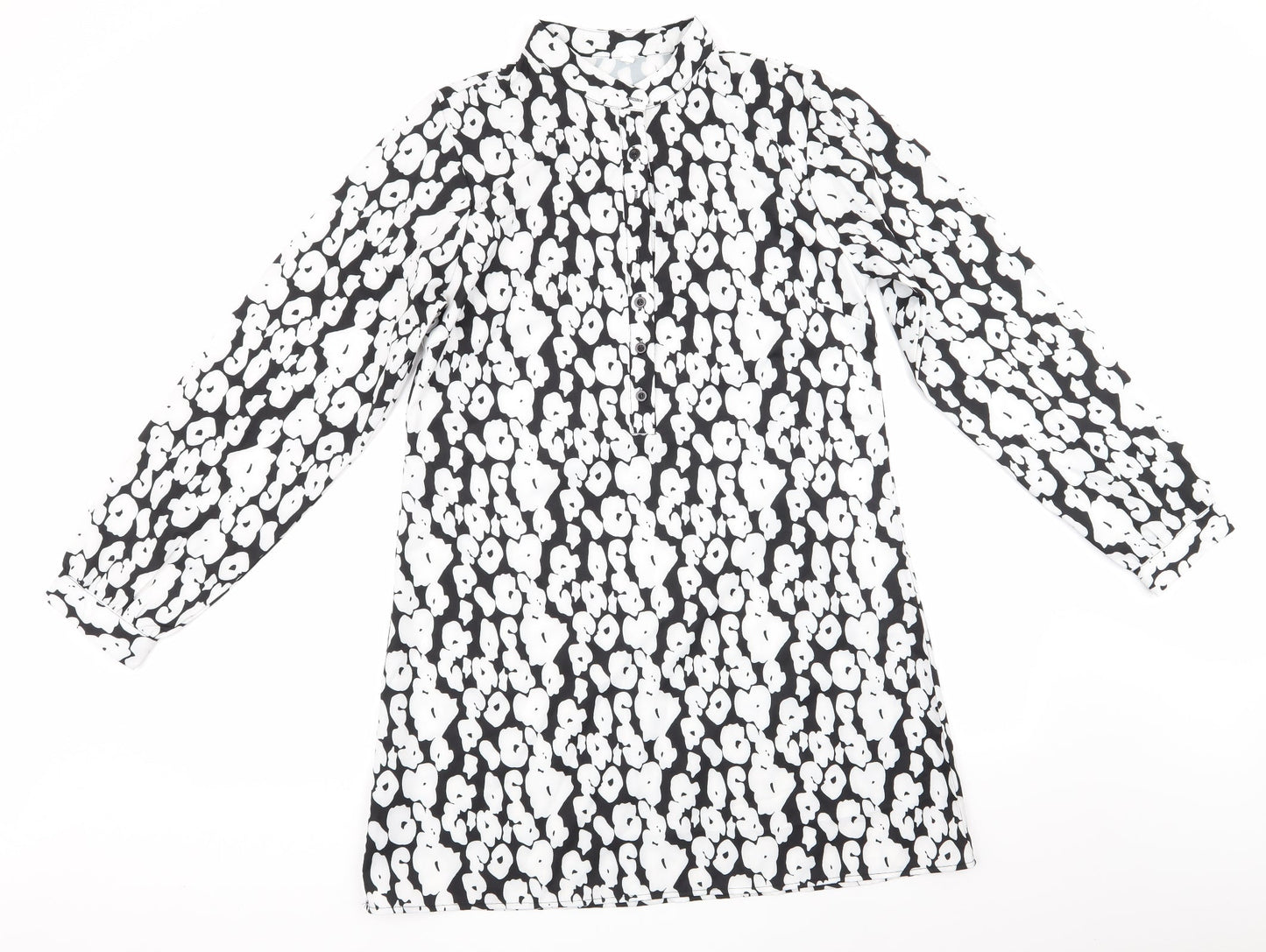 SheIn Womens Black Animal Print Polyester A-Line  Size L   - White Print Mandarin Collar