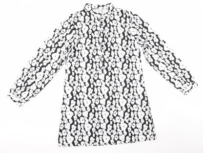 SheIn Womens Black Animal Print Polyester A-Line  Size L   - White Print Mandarin Collar