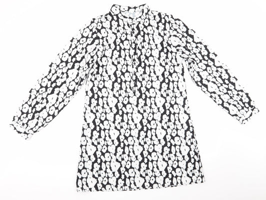 SheIn Womens Black Animal Print Polyester A-Line  Size L   - White Print Mandarin Collar