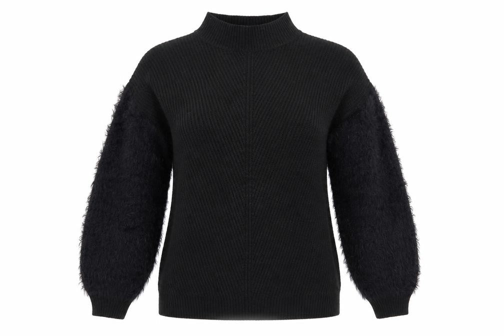 Front view of Primark women’s black high neck acrylic jumper, size S, - fluffy sleeves
