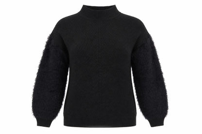 Front view of Primark women’s black high neck acrylic jumper, size S, - fluffy sleeves