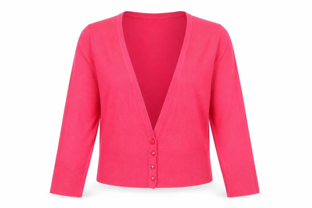 Front view of F&F women’s red v-neck acrylic cardigan jumper, size UK 12, - deep v front
