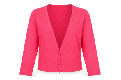 Front view of F&F women’s red v-neck acrylic cardigan jumper, size UK 12, - deep v front