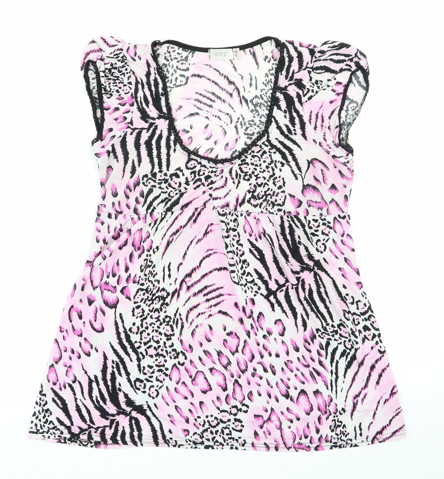 Quiz Womens Pink Animal Print Polyester  Pyjama Top Size 12   - Lace Trim