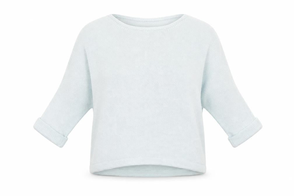 Front view of H&M women’s blue crew neck acrylic jumper, size UK 6, - pale blue