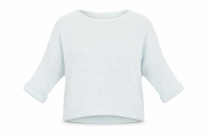 Front view of H&M women’s blue crew neck acrylic jumper, size UK 6, - pale blue