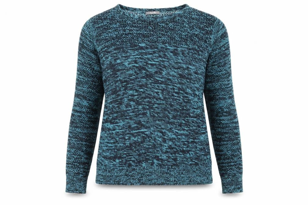 Front view of South women’s blue round neck acrylic jumper, - navy blue & sky blue mix open knit to shoulders and chest