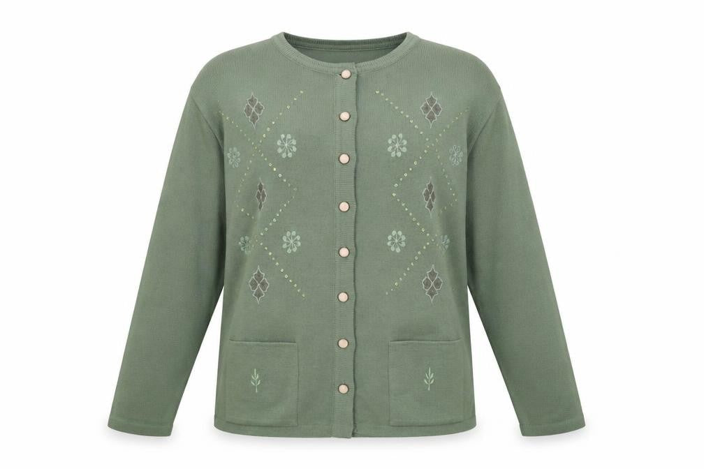 Front view of Sarah Dunnway women’s green crew neck geometric acrylic cardigan jumper, size M