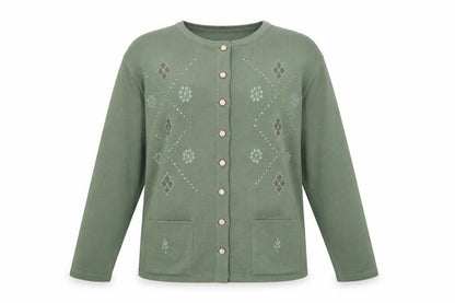 Front view of Sarah Dunnway women’s green crew neck geometric acrylic cardigan jumper, size M