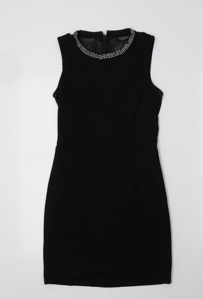 Topshop Womens Black  Viscose Bodycon  Size 6 Crew Neck  - Embellished Collar
