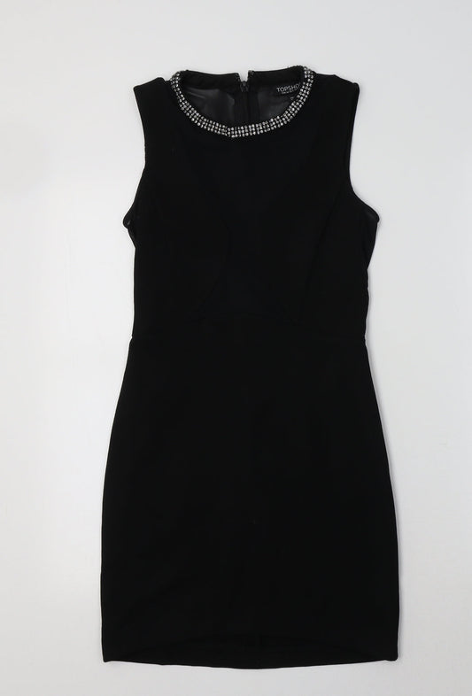 Topshop Womens Black  Viscose Bodycon  Size 6 Crew Neck  - Embellished Collar