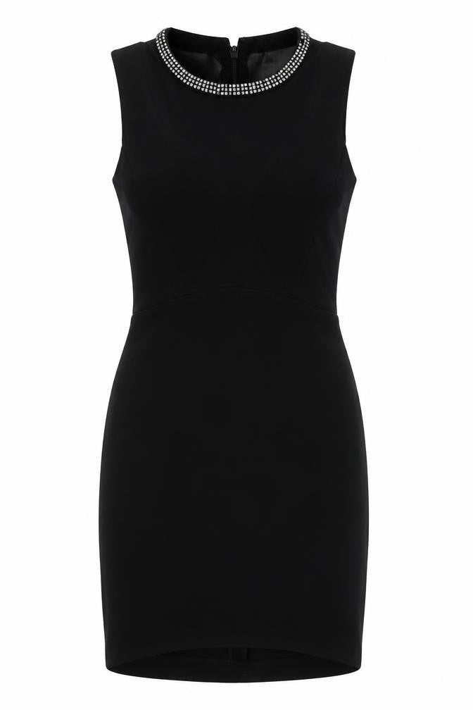 Front view of Topshop women’s black viscose bodycon, size UK 6, crew neck - embellished collar