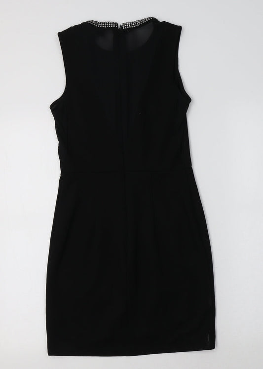 Topshop Womens Black  Viscose Bodycon  Size 6 Crew Neck  - Embellished Collar