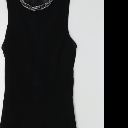 Topshop Womens Black  Viscose Bodycon  Size 6 Crew Neck  - Embellished Collar