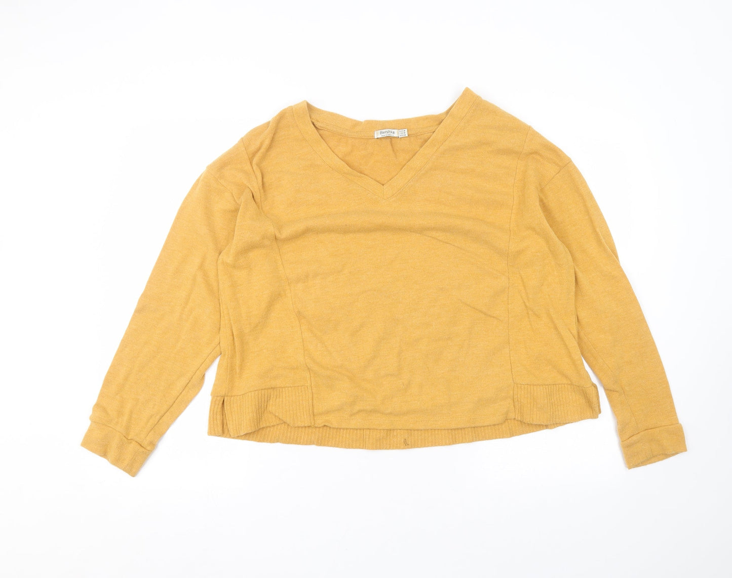 Bershka Womens Yellow V-Neck  Cotton Pullover Jumper Size M