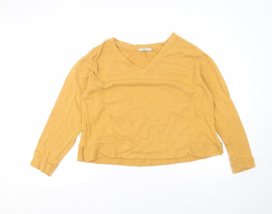 Bershka Womens Yellow V-Neck  Cotton Pullover Jumper Size M