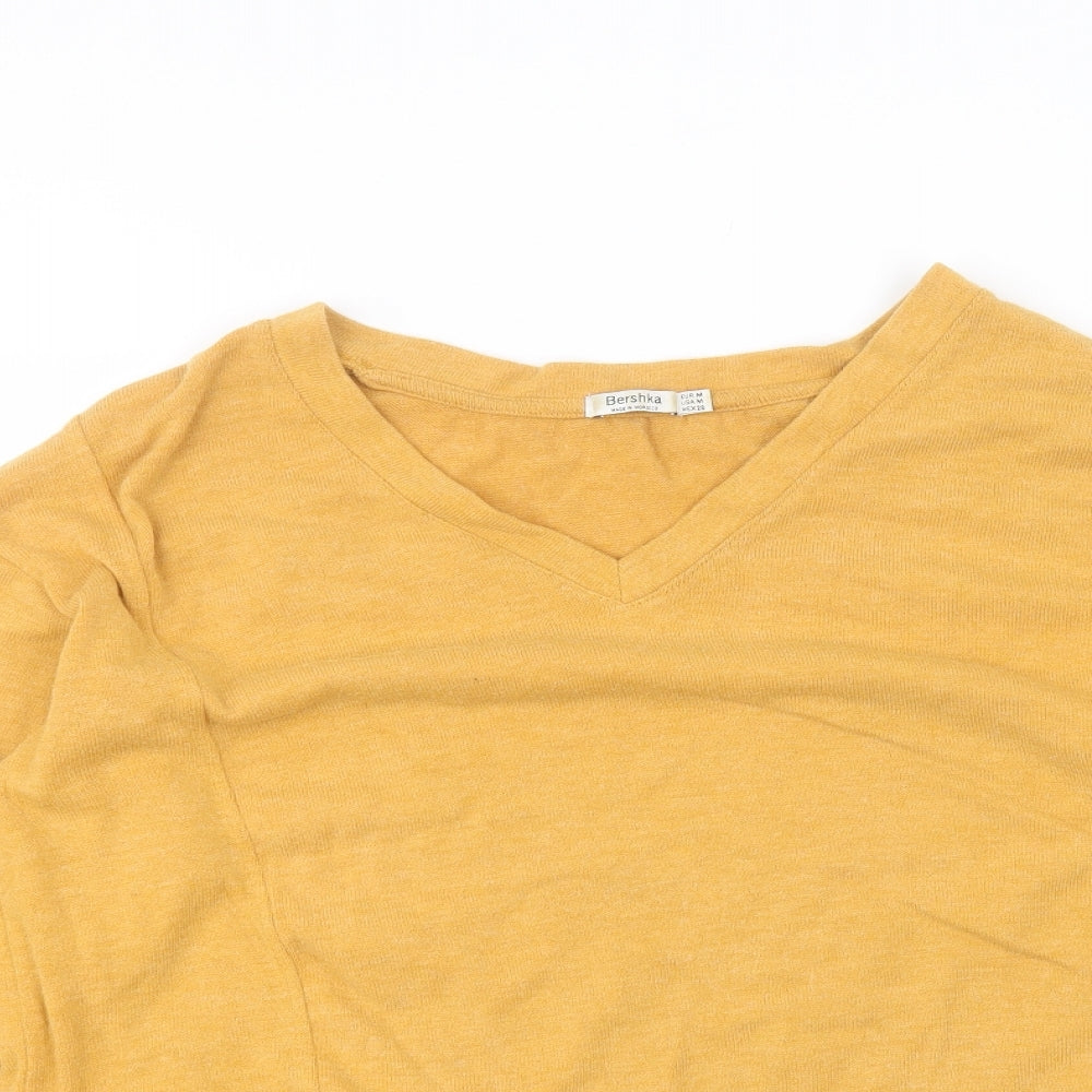 Bershka Womens Yellow V-Neck  Cotton Pullover Jumper Size M