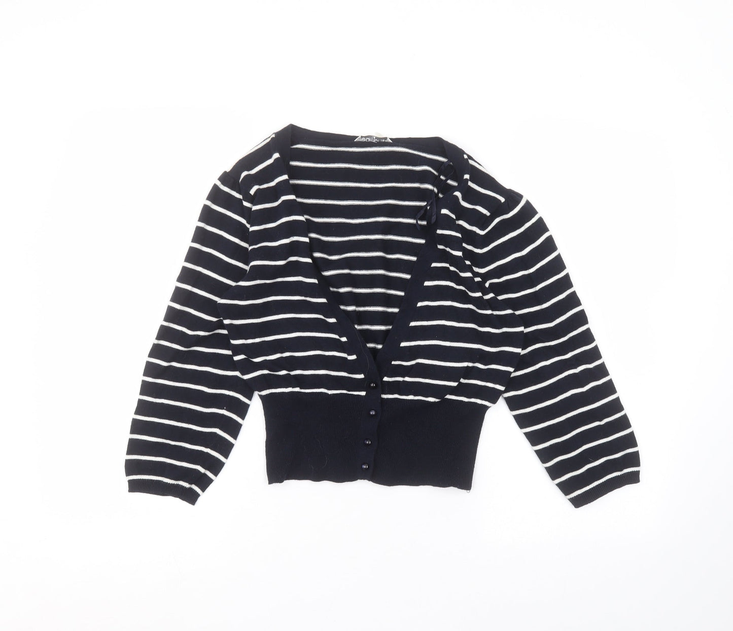 Preworn Womens Blue V-Neck Striped Cotton Cardigan Jumper Size 14