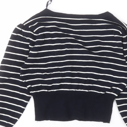 Preworn Womens Blue V-Neck Striped Cotton Cardigan Jumper Size 14