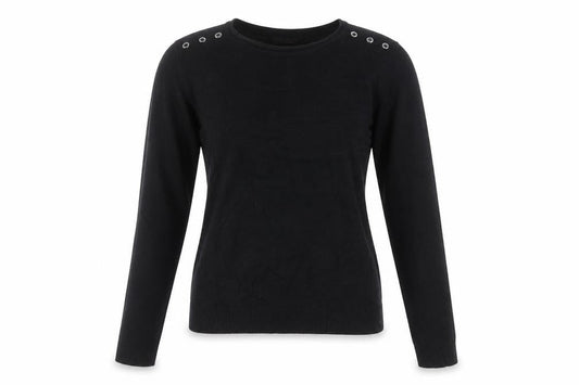 Front view of Atmosphere women’s black acrylic basic t-shirt, size UK 10, round neck