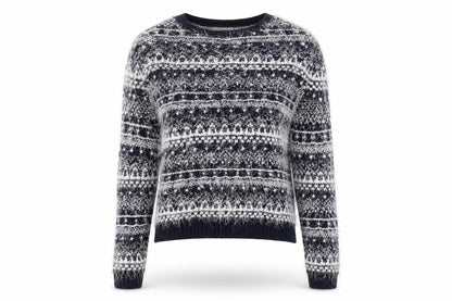 Front view of BHS women’s blue round neck acrylic jumper, size UK 8