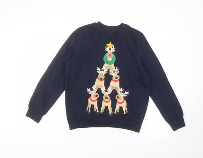 Avenue Womens Blue Round Neck  Cotton Pullover Jumper Size S