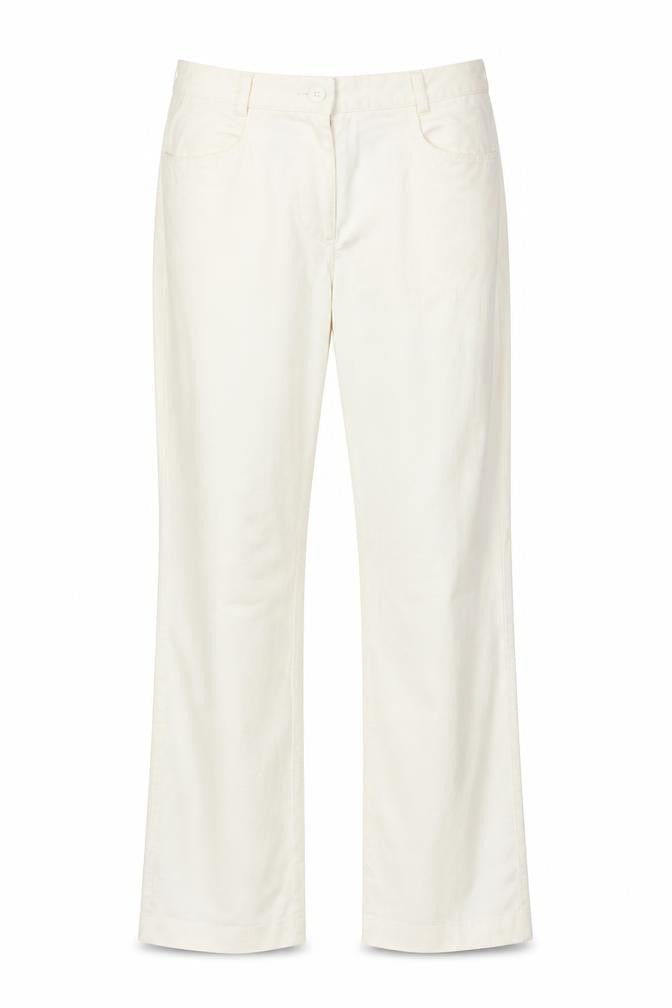 Front view of SAVIDA women’s yellow cotton trousers, size UK 12, 31-inch leg regular