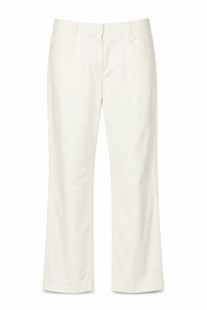 Front view of SAVIDA women’s yellow cotton trousers, size UK 12, 31-inch leg regular