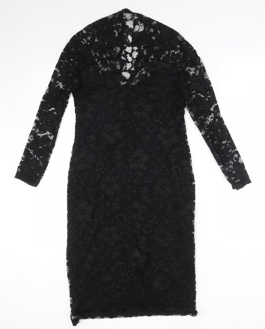 ASOS Womens Black Floral Nylon Bodycon  Size 8 V-Neck
