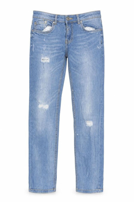 Front view of DENIM CO women’s blue cotton boyfriend jeans, size UK 6, 28-inch leg regular
