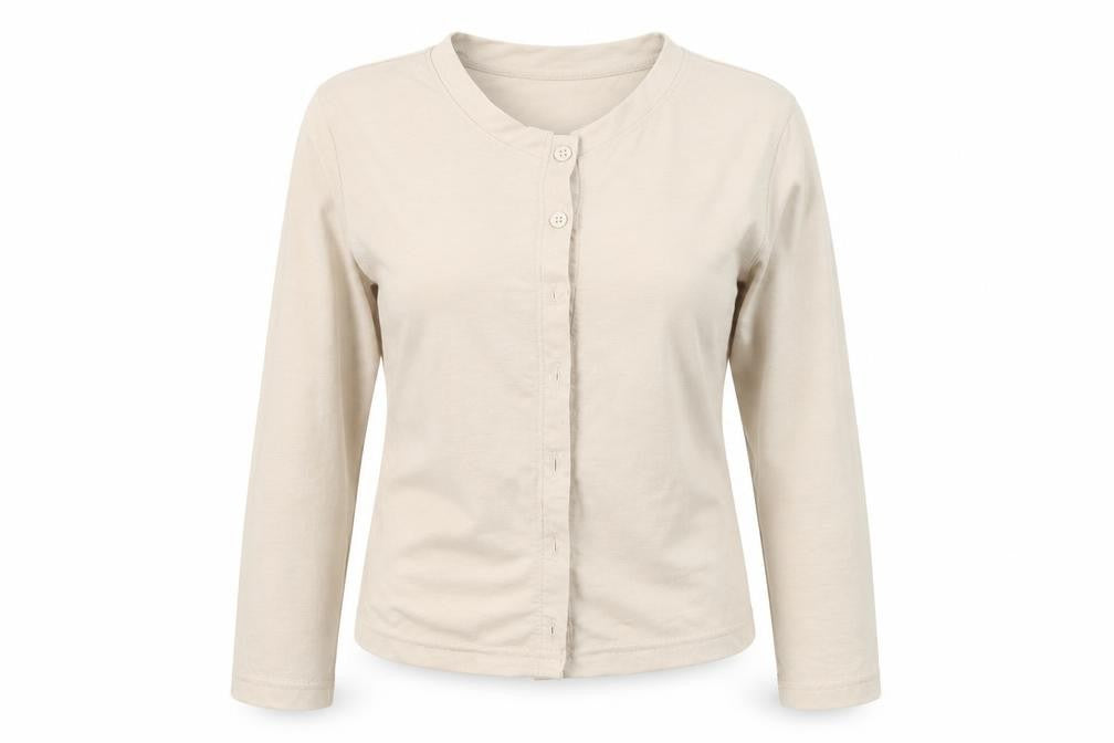 Front view of Missguided women’s beige round neck polyester cardigan jumper, size UK 10