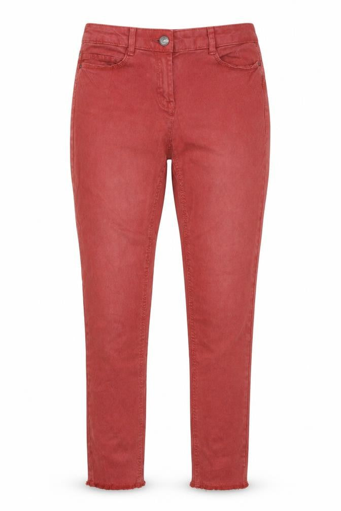 Front view of EDC women’s red cotton skinny jeans, size UK 34, in, 26-inch leg regular