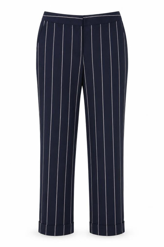 Front view of ASOS women’s blue striped polyester trousers, size UK 6, 26.5-inch leg regular