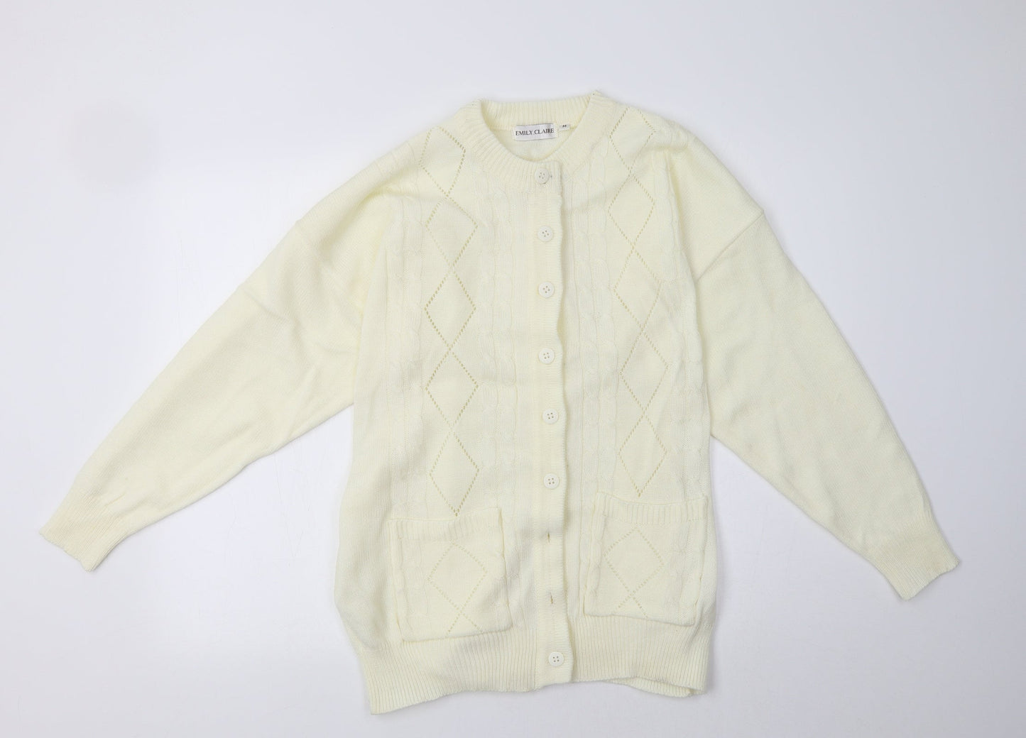 Emily Claire Womens Ivory Crew Neck  Acrylic Cardigan Jumper Size M