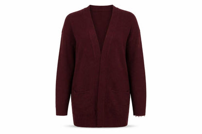 Front view of H&M women’s purple v-neck acrylic cardigan jumper, size S