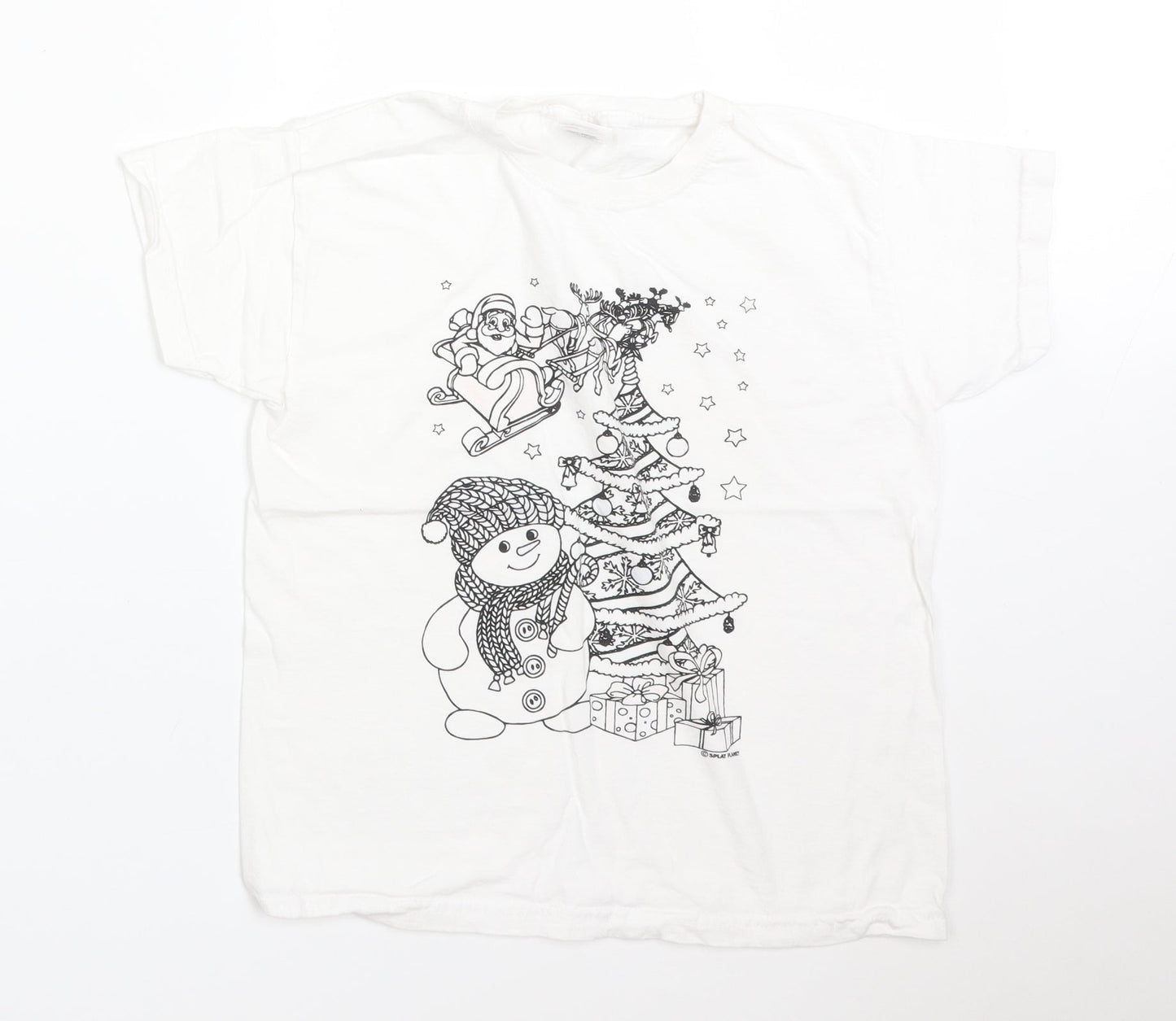 Fruit of the Loom Girls White  Cotton Basic T-Shirt Size 7-8 Years Round Neck  - CHRISTMAS