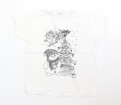 Fruit of the Loom Girls White  Cotton Basic T-Shirt Size 7-8 Years Round Neck  - CHRISTMAS
