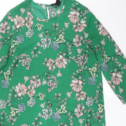 New Look Womens Green Floral Polyester A-Line  Size 12 Round Neck
