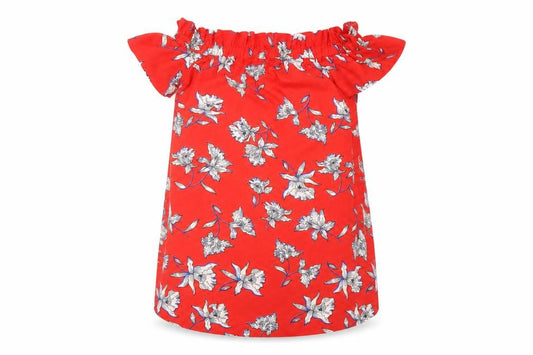 Front view of Atmosphere women’s red floral polyester basic blouse, size UK 10, off the shoulder