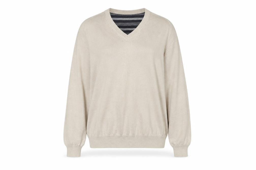 Front view of Marks & Spencer women’s beige v-neck cotton jumper, size 2XL