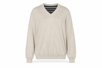 Front view of Marks & Spencer women’s beige v-neck cotton jumper, size 2XL
