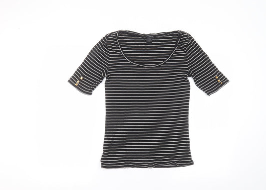 Ann Taylor Womens Black Striped Cotton Basic T-Shirt Size XS Round Neck