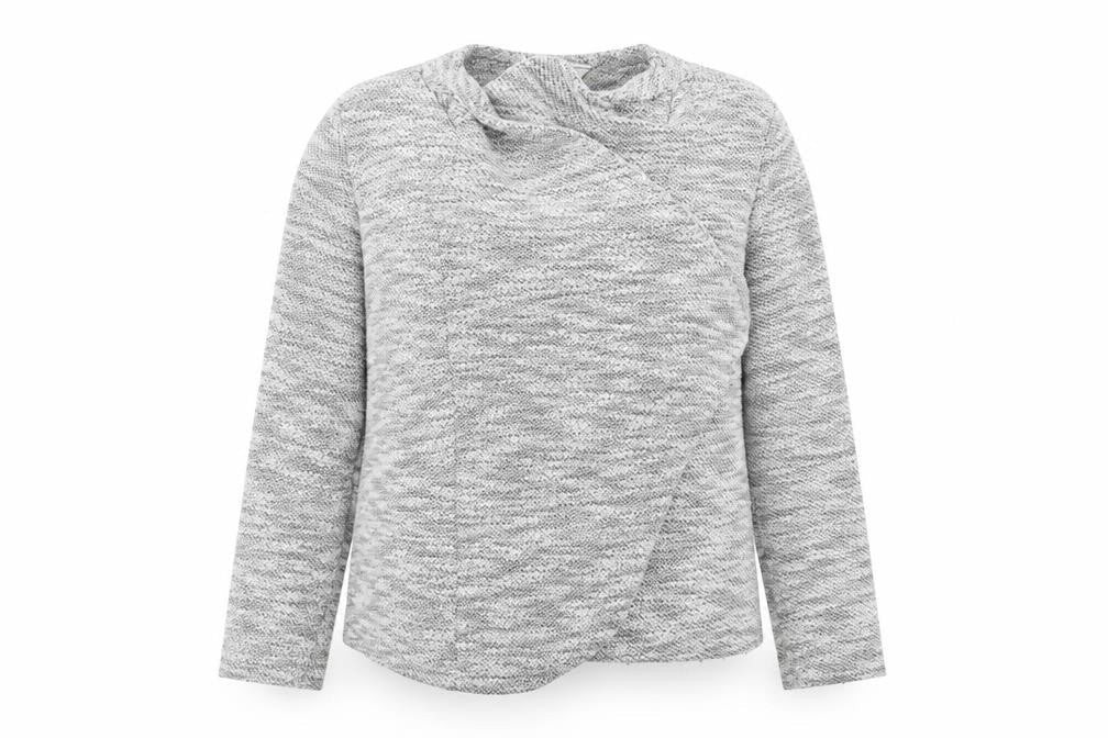 Front view of Dorothy Perkins women’s grey round neck polyester cardigan jumper, size UK 10