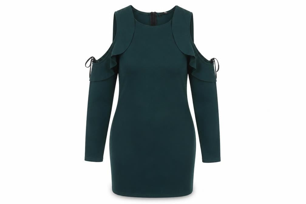 Front view of Missguided women’s grey polyester pencil dress, size UK 12, round neck