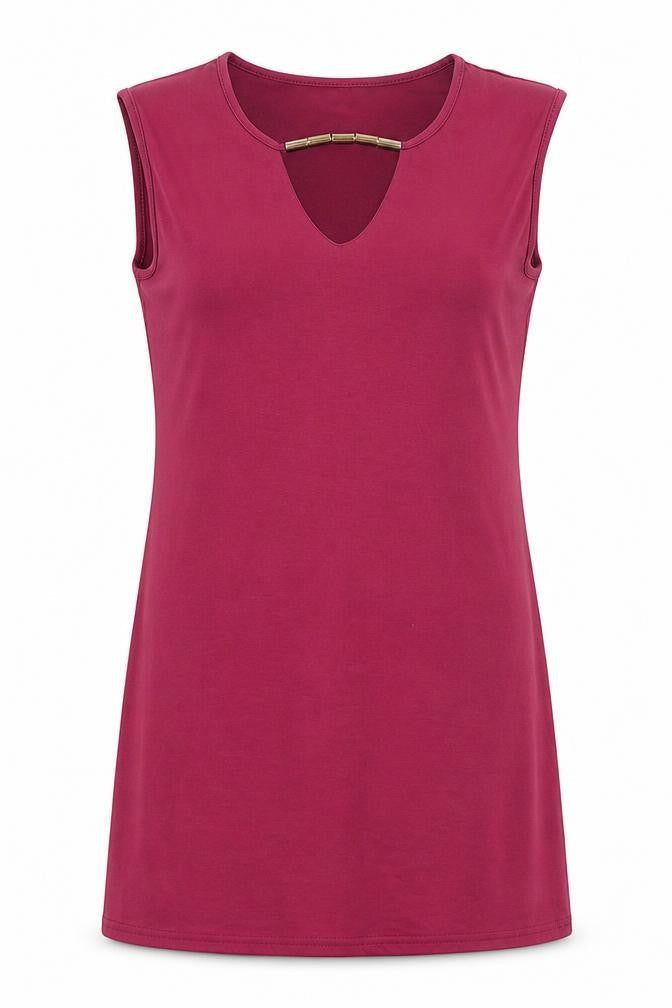 Front view of women’s pink polyester pencil dress, size S, round neck