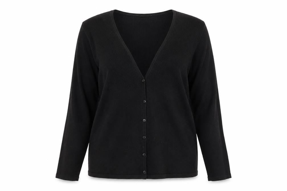 Front view of Preworn women’s black v-neck cardigan jumper, size M